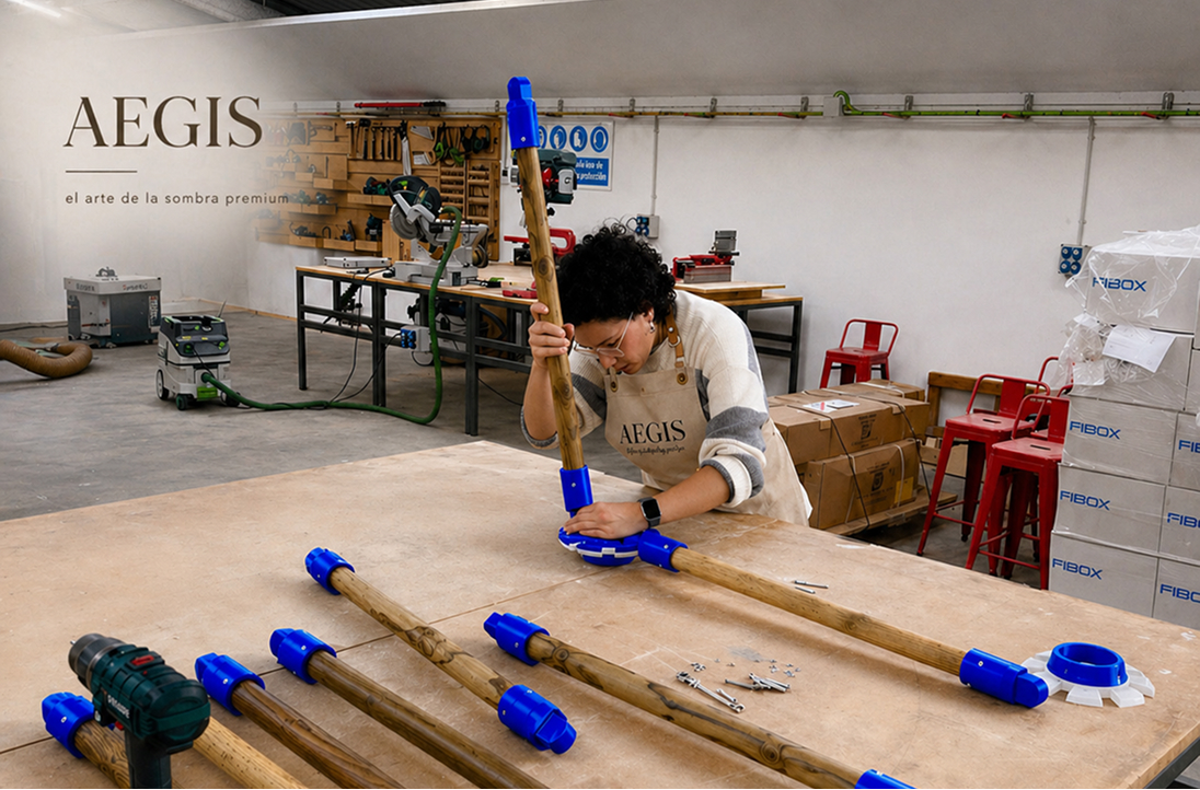 Artesana ensamblando la estructura de madera de un parasol AEGIS™ en el taller de fabricación, reflejando el proceso de producción artesanal y la atención al detalle.