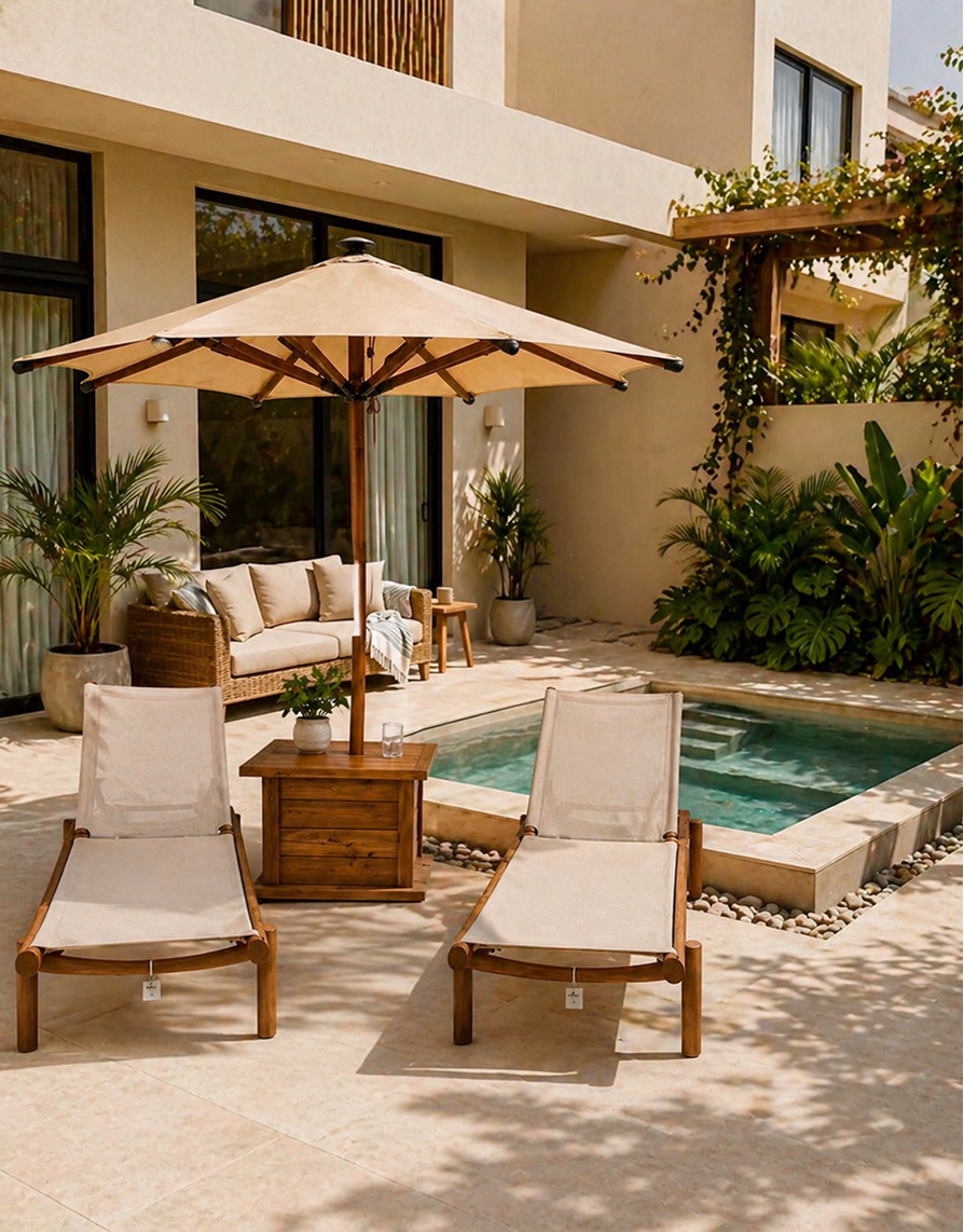 Parasol de exterior color crema con estructura de madera junto a una piscina privada, acompañado de dos tumbonas y mobiliario lounge en la terraza de un hotel o villa de estilo mediterráneo.