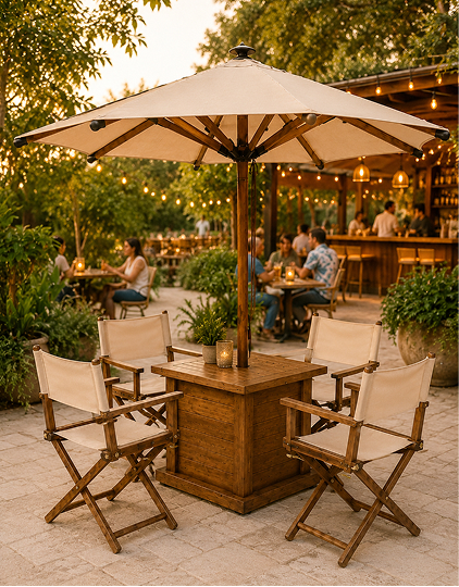 Parasol de exterior color crema con estructura de madera, acompañado de sillas estilo director alrededor de una mesa central, en la terraza de un restaurante con ambiente cálido e iluminación decorativa.