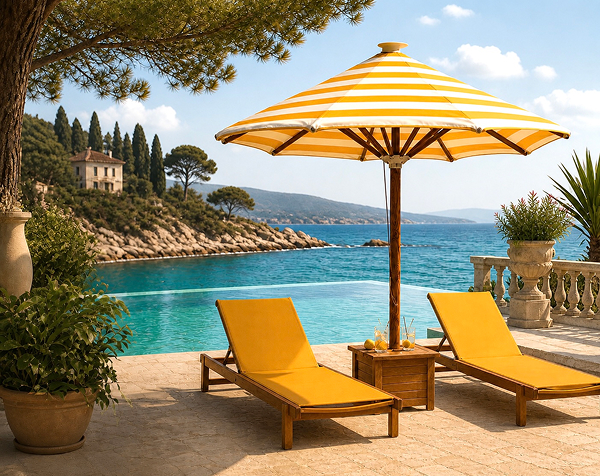 Parasol de exterior con tejido a rayas amarillas y blancas y estructura de madera, acompañado de dos tumbonas junto a una piscina infinita con vistas al mar y al paisaje mediterráneo.