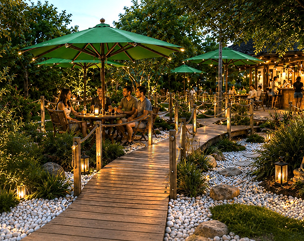 Parasoles de exterior color verde con estructura de madera, creando acogedoras zonas de comedor al aire libre en la terraza de un restaurante, rodeadas de vegetación e iluminación ambiental.