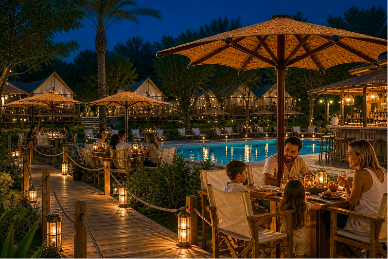 Parasoles de exterior con cubierta de fibras naturales y estructura de madera, creando elegantes zonas de sombra en la terraza de un restaurante junto a la piscina durante una velada al aire libre.