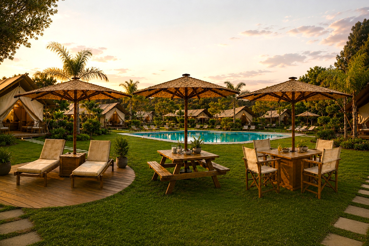 Tres parasoles de exterior con cubierta de fibras naturales y estructura de madera, acompañados de tumbonas, mesas y zonas de comedor alrededor de una piscina en un exclusivo resort vacacional al atardecer.