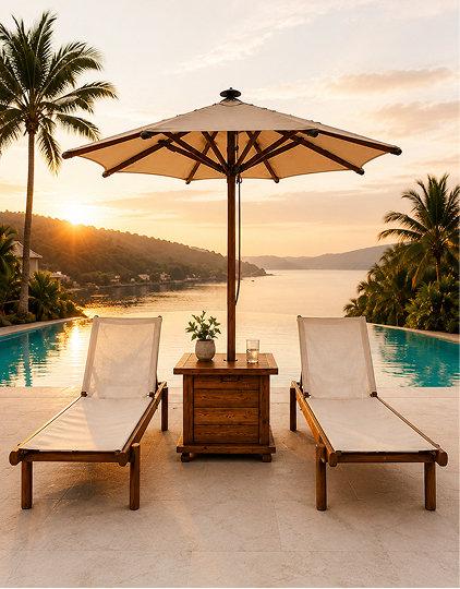 Parasol de exterior color crema con estructura de madera junto a una piscina infinita, acompañado de dos tumbonas con vistas al mar y al atardecer tropical.